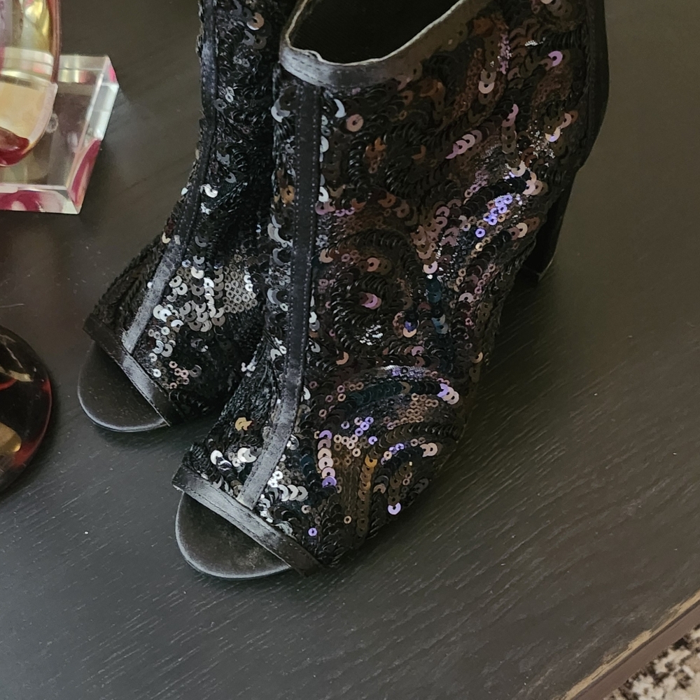 Elegant Black Sequin Peep Toe Booties